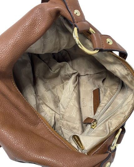 Michael Kors Brown Pebbled Leather MK Logo & Gold Rings Slouchy Hobo Bag