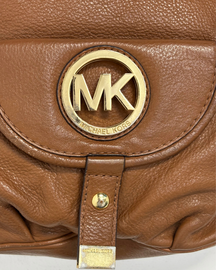 Michael Kors Brown Pebbled Leather MK Logo & Gold Rings Slouchy Hobo Bag