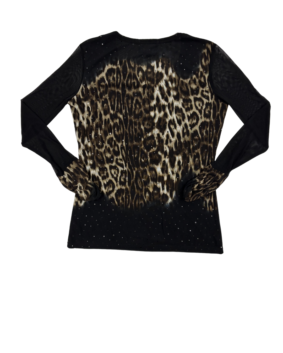 Fresh FX Leopard Print Mesh Rhinestone Long Sleeve Top - S