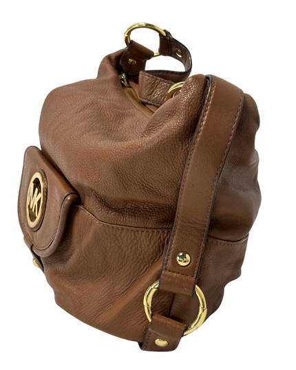 Michael Kors Brown Pebbled Leather MK Logo & Gold Rings Slouchy Hobo Bag