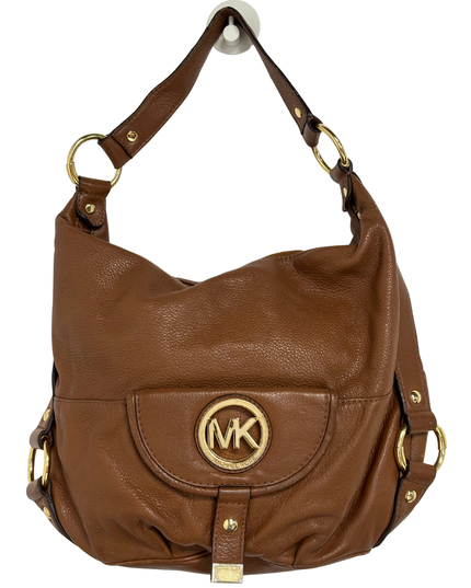 Michael Kors Brown Pebbled Leather MK Logo & Gold Rings Slouchy Hobo Bag