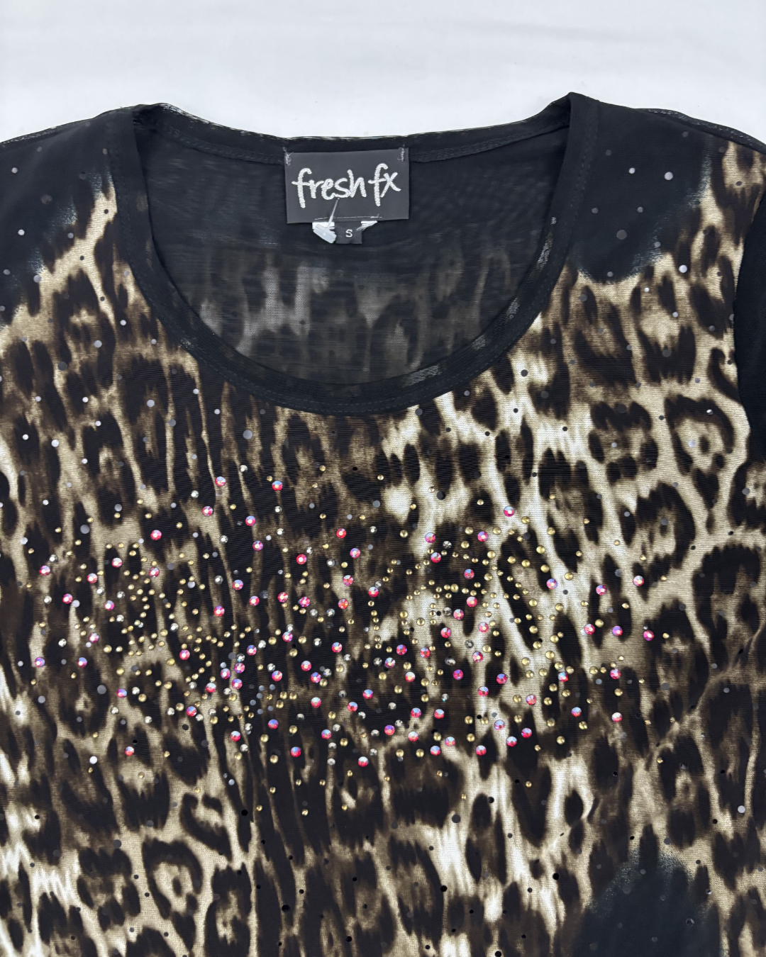 Fresh FX Leopard Print Mesh Rhinestone Long Sleeve Top - S