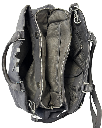 Michael Kors Slate Leather Convertible Large Silver MK Logo Satchel Bag