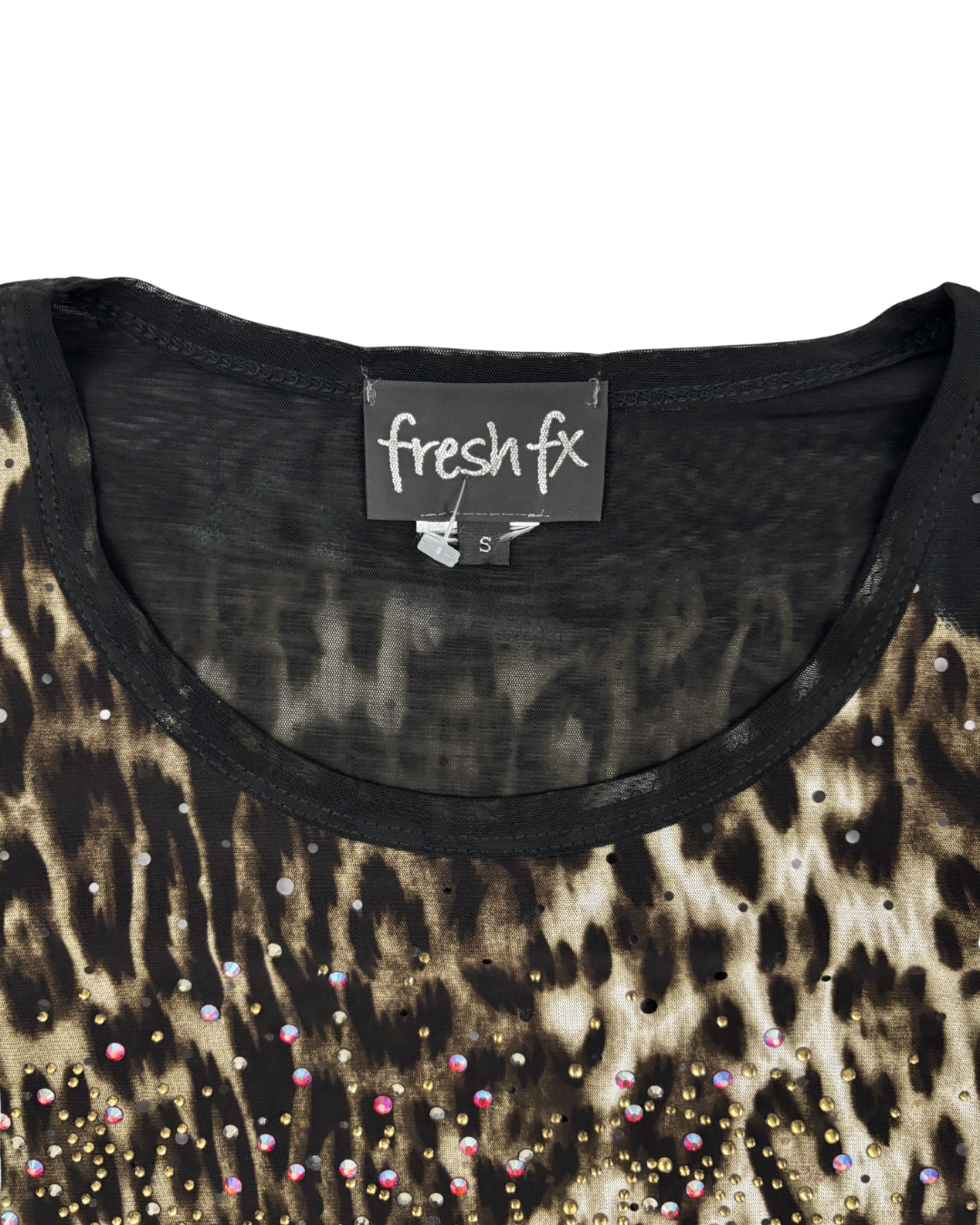 Fresh FX Leopard Print Mesh Rhinestone Long Sleeve Top - S