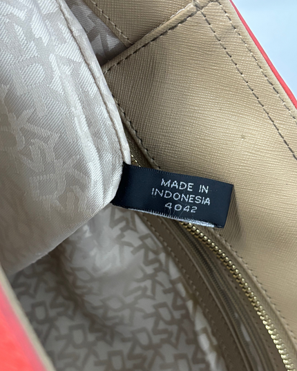 DKNY Bright Red Saffiano-Style Leather Gold Logo Structured Tote Bag