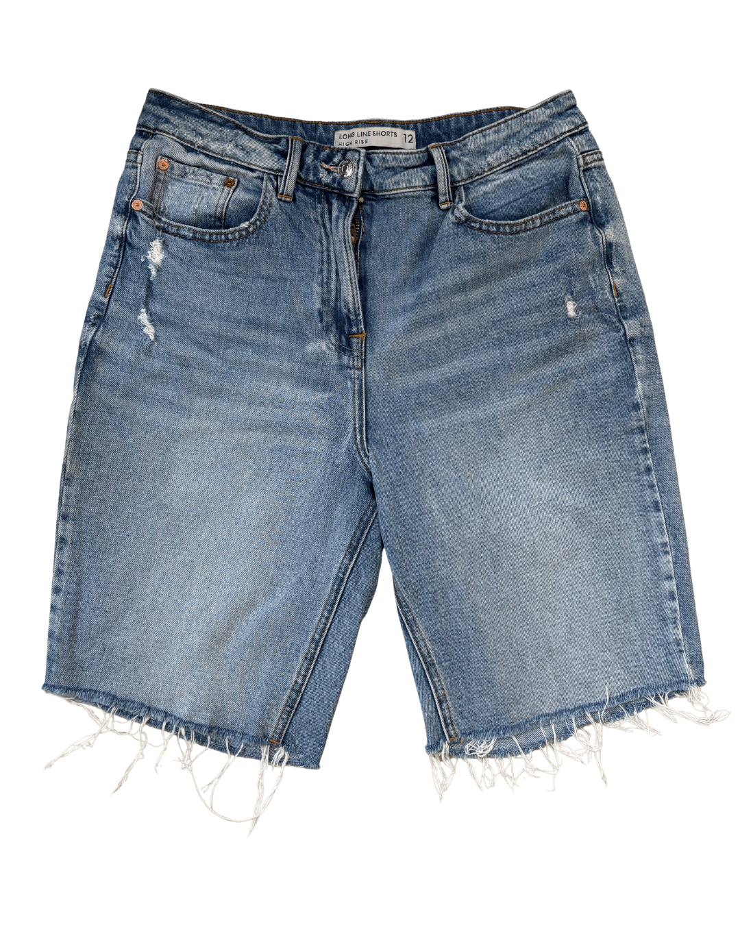 High Rise Longline Distressed Denim Shorts - S