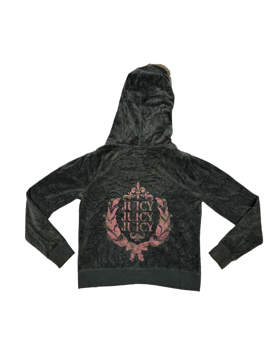 Juicy Couture Dark Olive Velour Faux Fur Trim Zip-Up Hoodie - M
