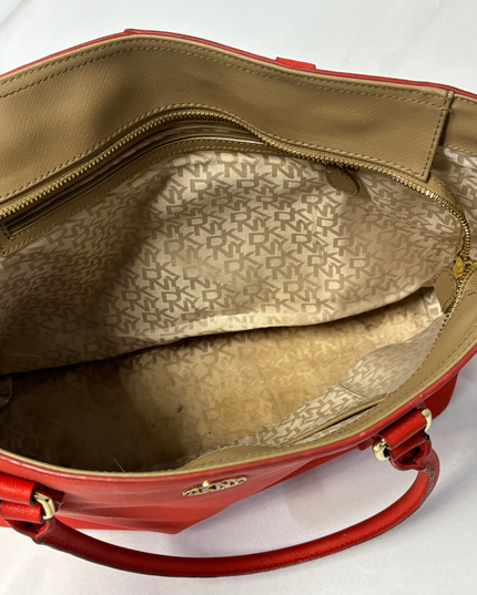 DKNY Bright Red Saffiano-Style Leather Gold Logo Structured Tote Bag