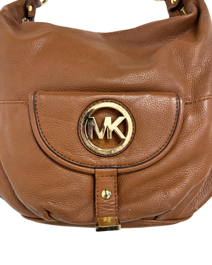 Michael Kors Brown Pebbled Leather Fulton Large MK Logo Slouchy Hobo Bag