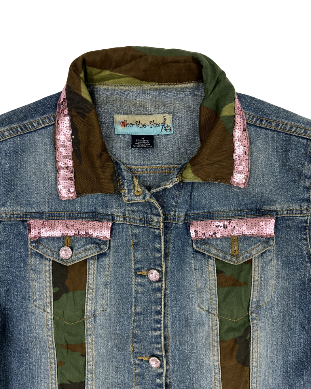 Too She She Camo Panel Pink Sequin Embellished Blue Denim Jacket - M