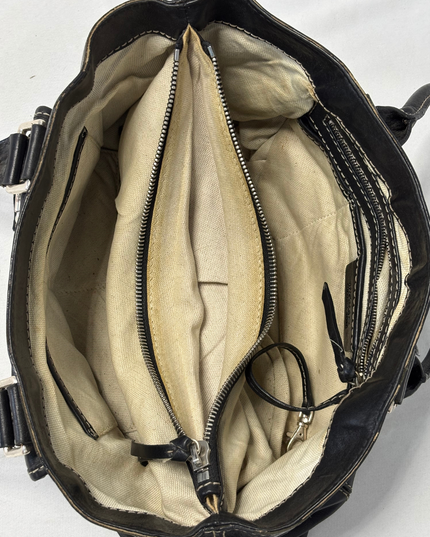 Michael Kors Black Leather White Contrast Stitching & Silver Buckles Satchel Bag