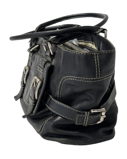 Michael Kors Black Leather White Contrast Stitching & Silver Buckles Satchel Bag