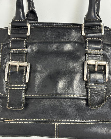 Michael Kors Black Leather White Contrast Stitching & Silver Buckles Satchel Bag