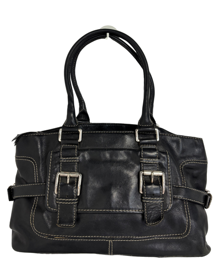Michael Kors Black Leather White Contrast Stitching & Silver Buckles Satchel Bag