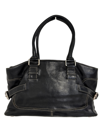 Michael Kors Black Leather White Contrast Stitching & Silver Buckles Satchel Bag