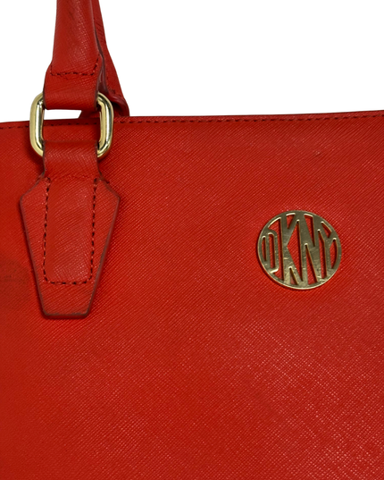DKNY Bright Red Saffiano-Style Leather Gold Logo Structured Tote Bag