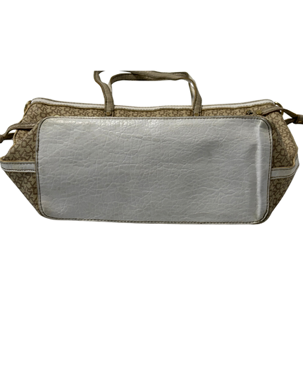 DKNY Tan Monogram White Patent Trim & Side Drawstring Detail Canvas Tote Bag
