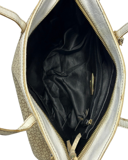 DKNY Tan Monogram White Patent Trim & Side Drawstring Detail Canvas Tote Bag