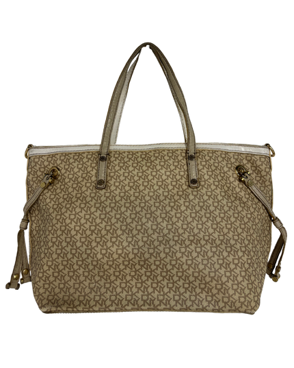 DKNY Tan Monogram White Patent Trim & Side Drawstring Detail Canvas Tote Bag