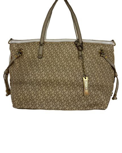 DKNY Tan Monogram White Patent Trim & Side Drawstring Detail Canvas Tote Bag