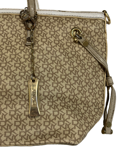 DKNY Tan Monogram White Patent Trim & Side Drawstring Detail Canvas Tote Bag