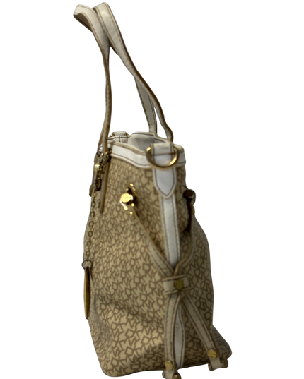 DKNY Tan Monogram White Patent Trim & Side Drawstring Detail Canvas Tote Bag