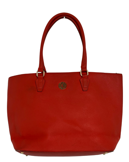 DKNY Bright Red Saffiano-Style Leather Gold Logo Structured Tote Bag