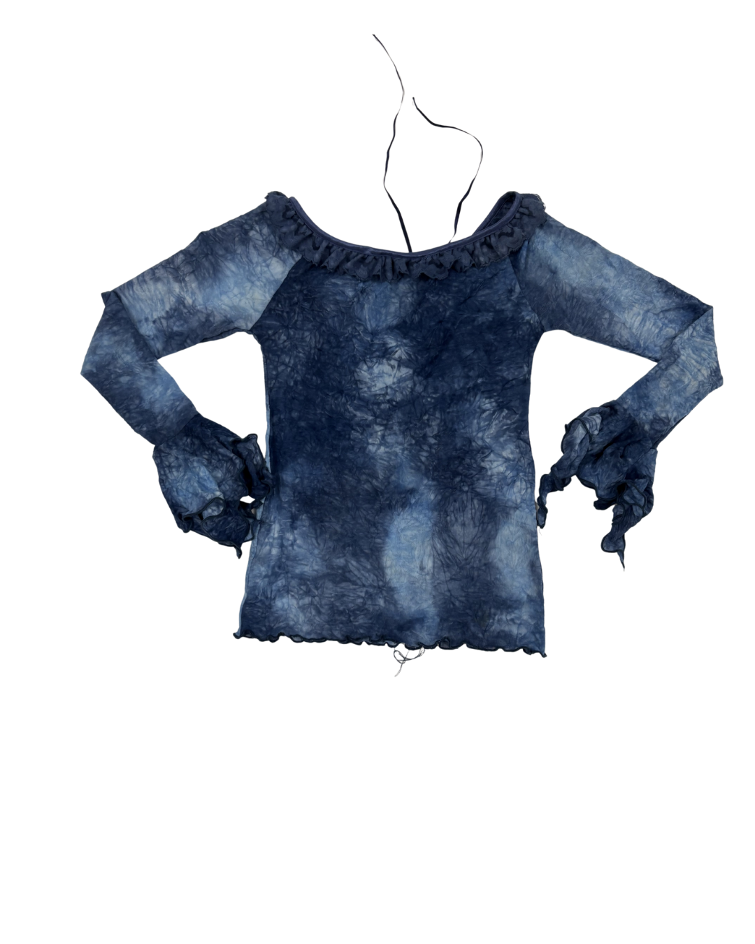 Forever21 Navy Blue Tie-Dye Lace-Up Boho Bell Sleeve Top - XS
