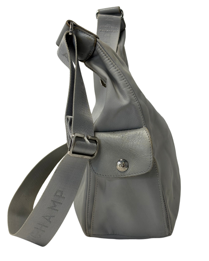 Longchamp Dove Gray Logo Webbing Adjustable Strap Slouchy Hobo Bag