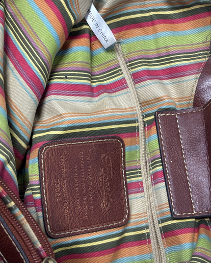 Fossil Vintage Woven Straw & Brown Leather Multi-Stripe Interior Trim Handbag