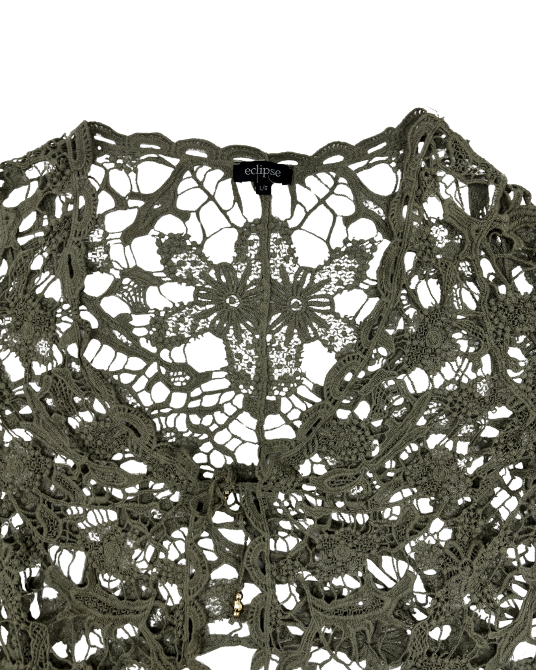 Eclipse Floral Crochet Olive Green Lace Shrug Top - M