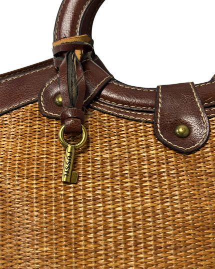 Fossil Vintage Woven Straw & Brown Leather Multi-Stripe Interior Trim Handbag