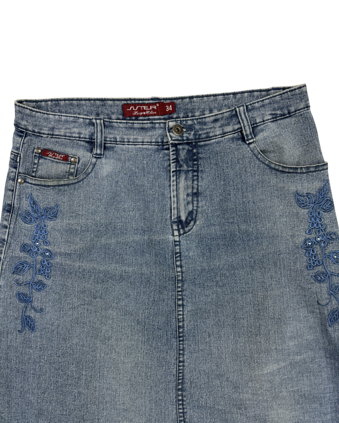 Suter Lusy & Elisa Light Wash Embroidered Denim Midi Skirt - XL | Waist: 34"