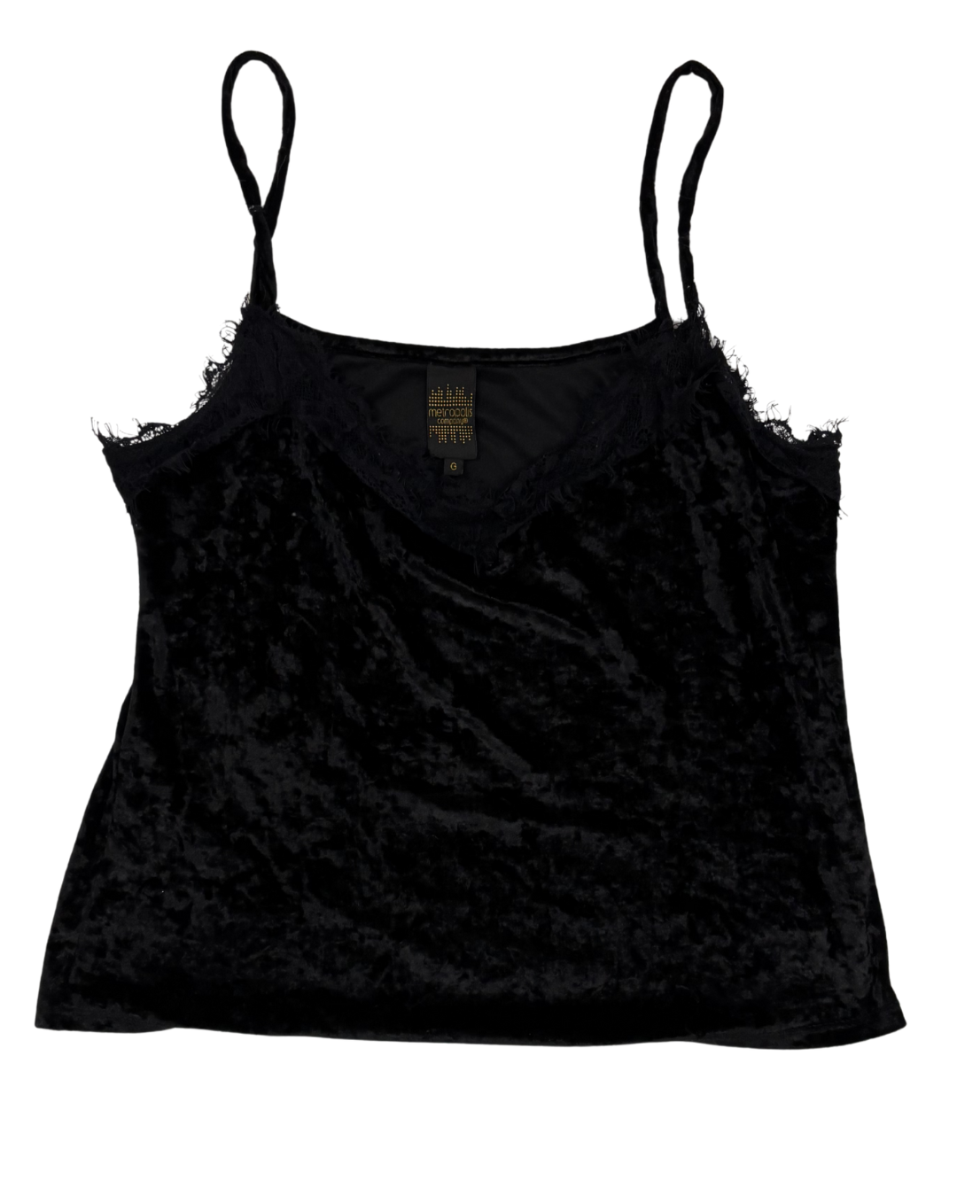Metropolis Company Black Crushed Velvet Lace Trim Cami - XS
