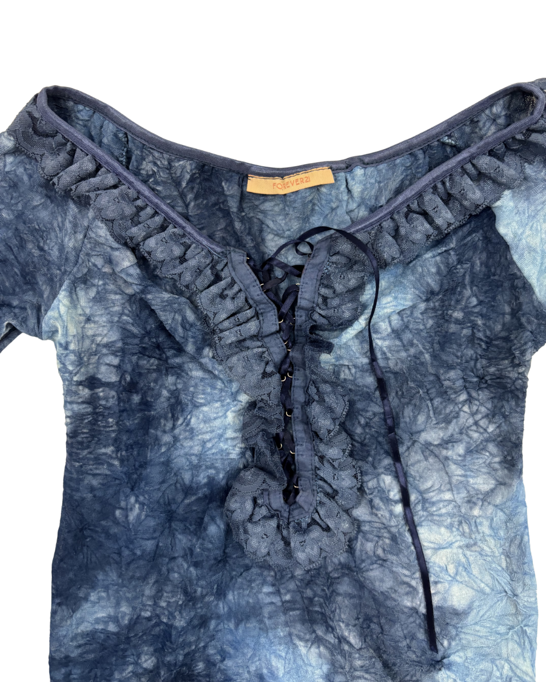 Forever21 Navy Blue Tie-Dye Lace-Up Boho Bell Sleeve Top - XS