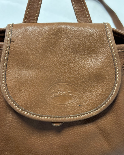 Longchamp Vintage Cognac Brown Pebbled Leather Bucket Backpack