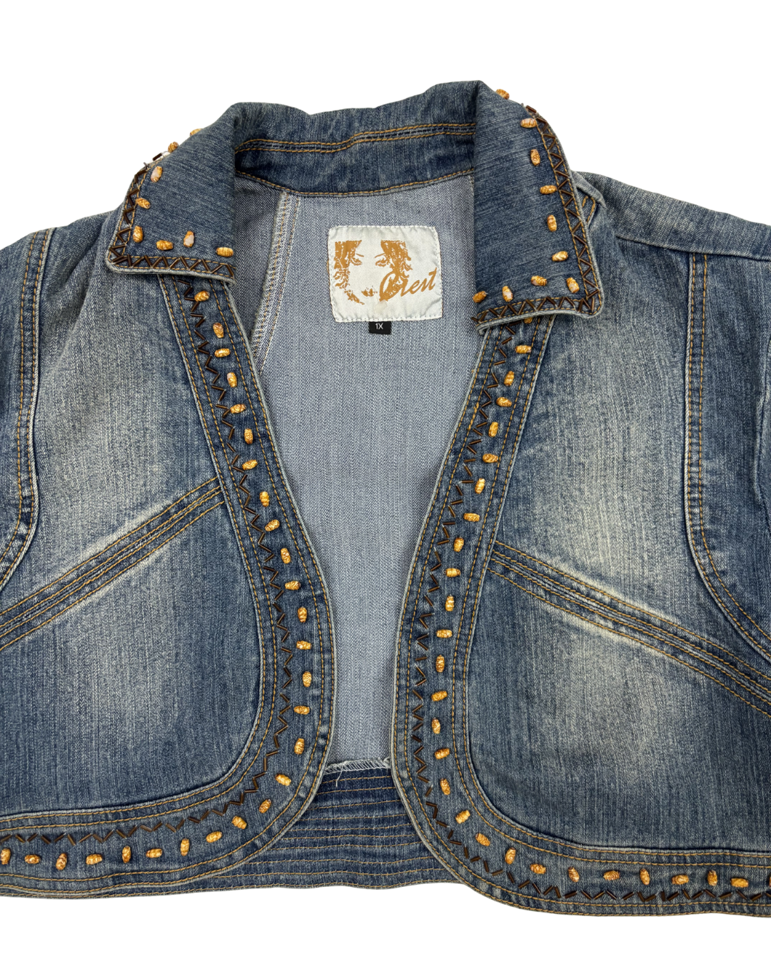 C’est Gold Beaded Embellished Blue Denim Bolero Jacket - XL