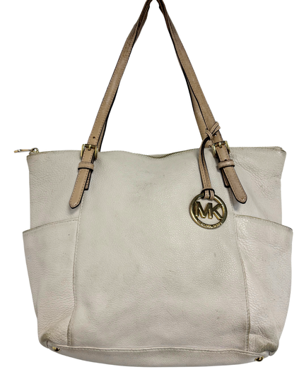 Michael Kors Pebbled Leather Contrast Tan Straps & Gold Charm Tote Bag