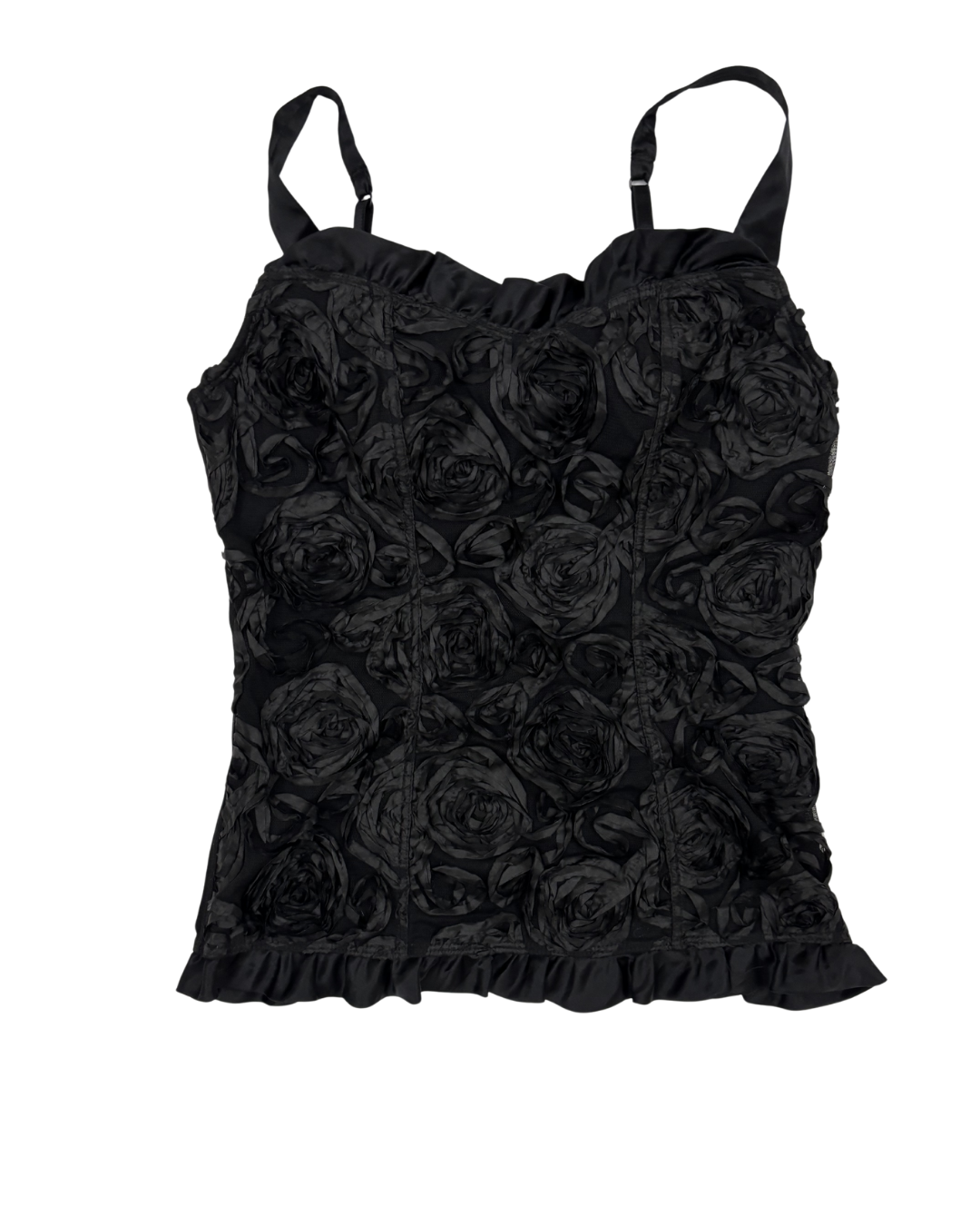 Vintage Black 3D Floral Rosette Ruffled Camisole Top - S