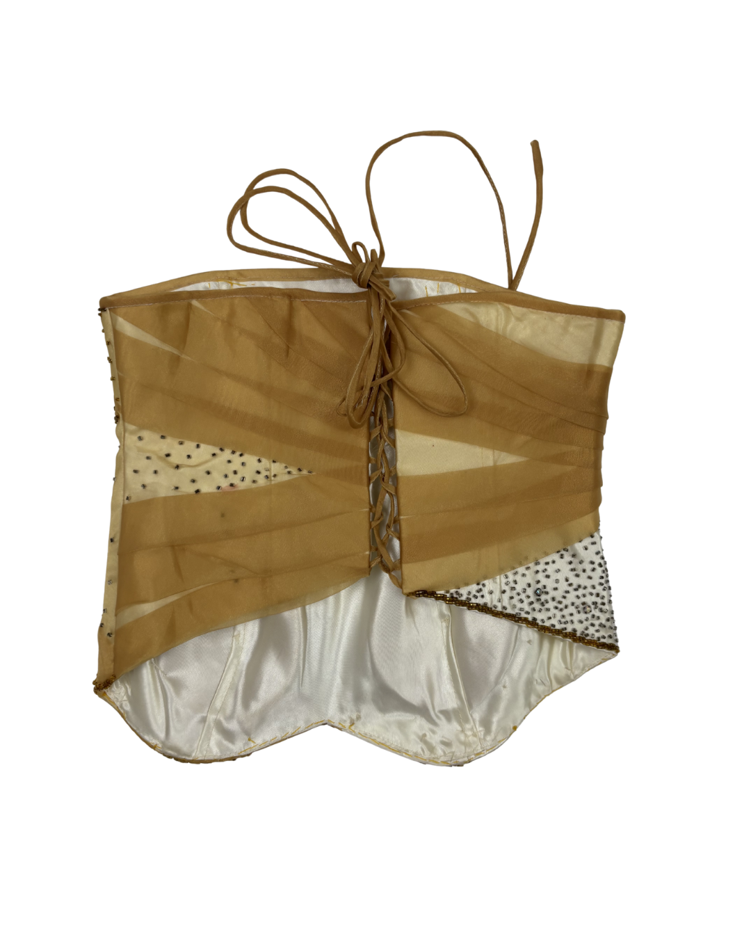 Y2K Gold Beaded Mesh Satin Corset-Style Tube Top - XXS