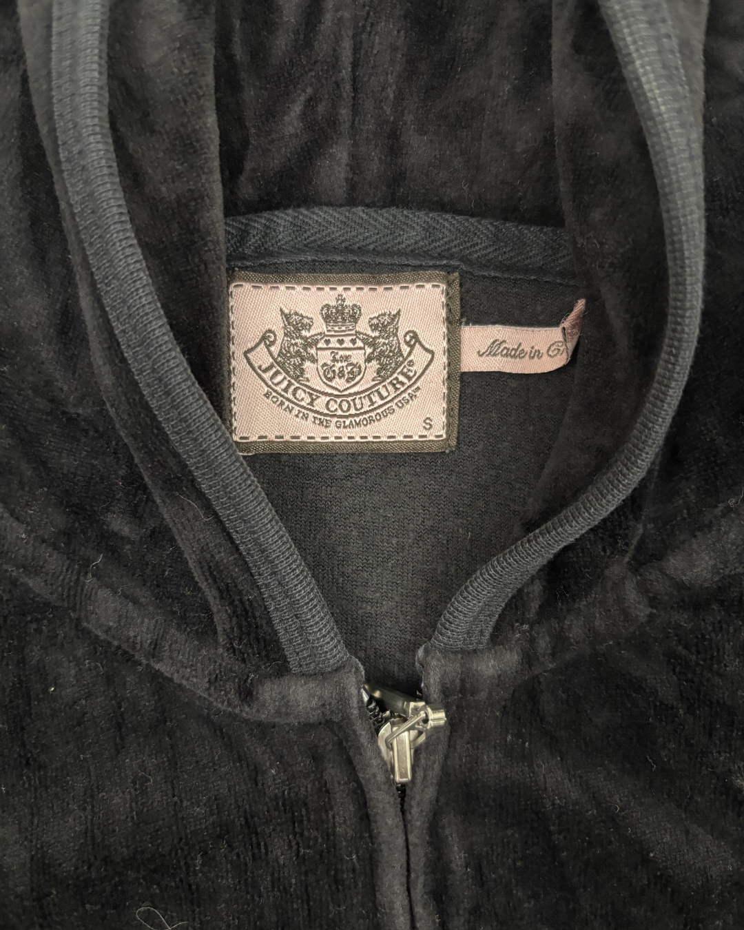 Juicy Couture Black Velour Rhinestone Crown JC Logo Zip-Up Hoodie - XS
