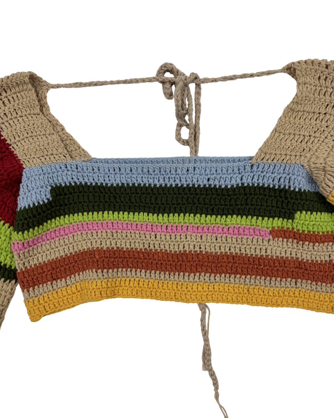 Boho Carnival Multicolor Crochet Bell Sleeve Tie-Up Crop Top - XS