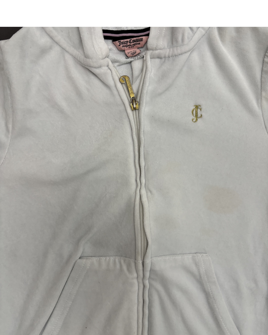 Juicy Couture Kids White Velour Zip-Up Hoodie with Gold JC Logo - S
