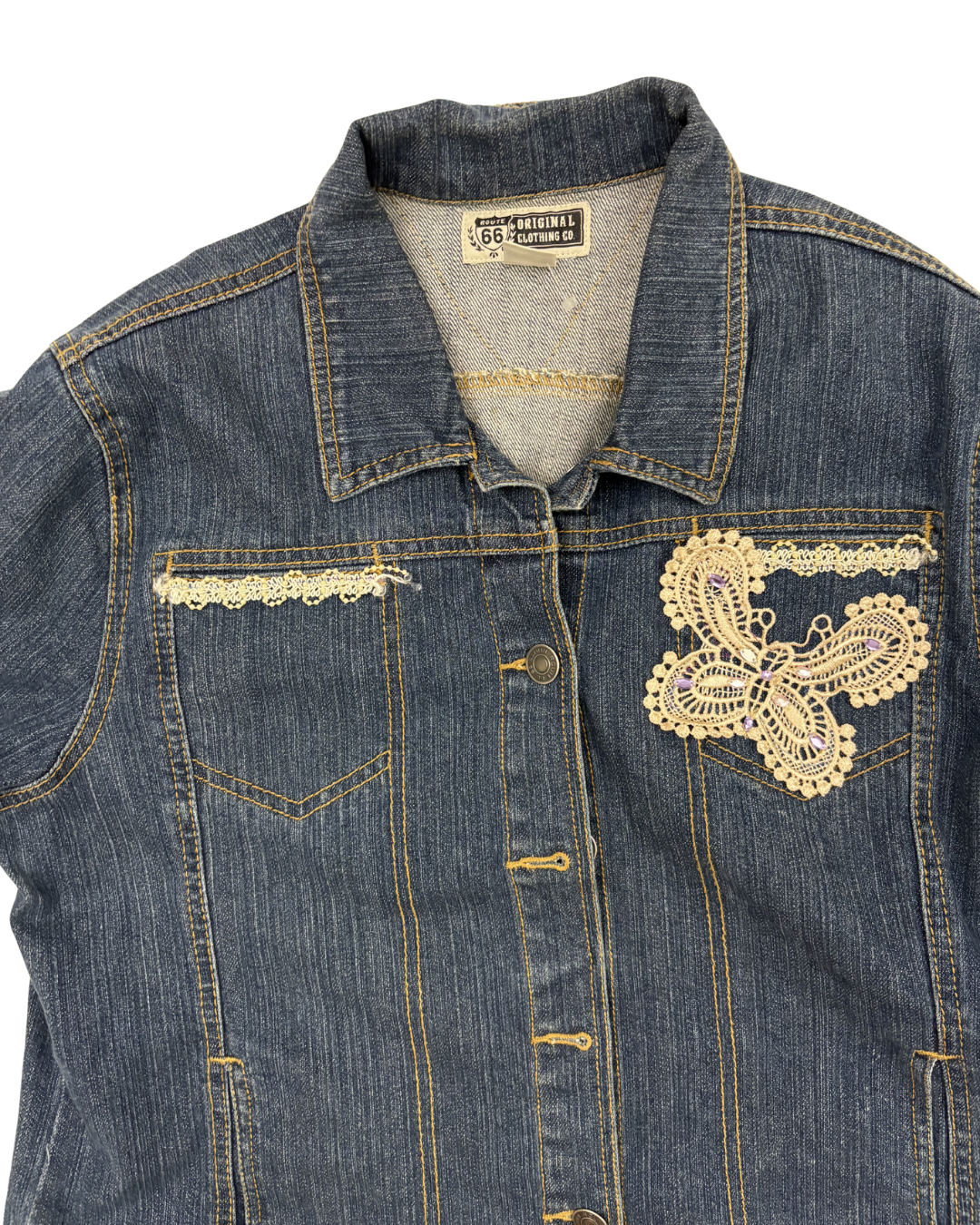 Route 66 Lace Appliqué Butterfly Blue Denim Jacket - L