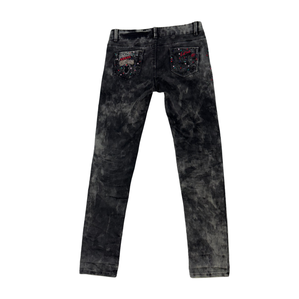 Cash Money Black Acid Wash Jeans – Rhinestone Torch & Butterfly Detail - M | Waist: 30
