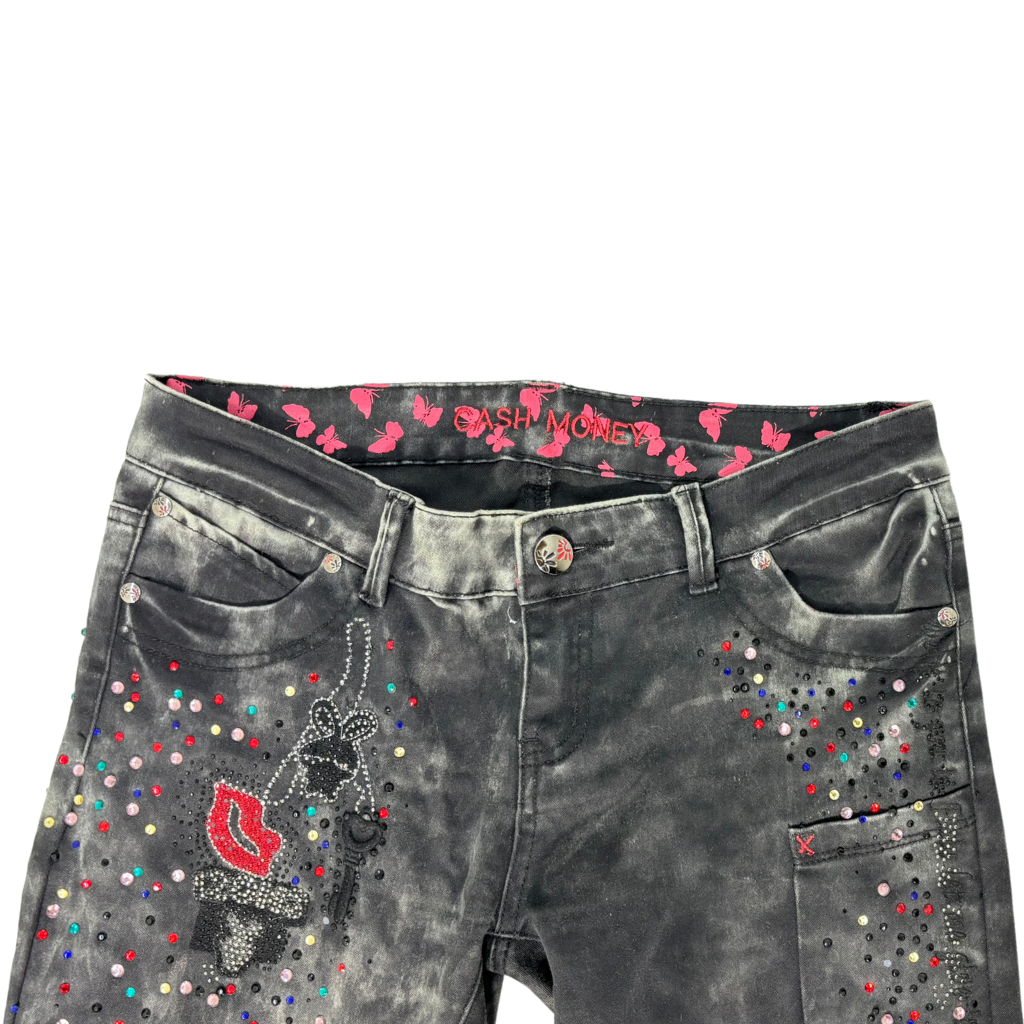 Cash Money Black Acid Wash Jeans – Rhinestone Torch & Butterfly Detail - M | Waist: 30
