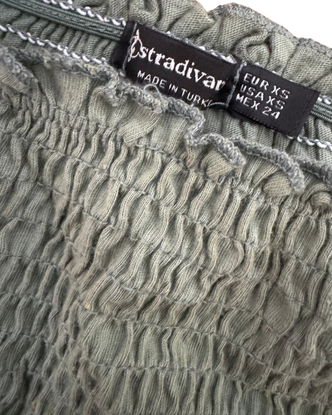 Stradivarius Smocked Off-Shoulder Top – Sage Green - XS