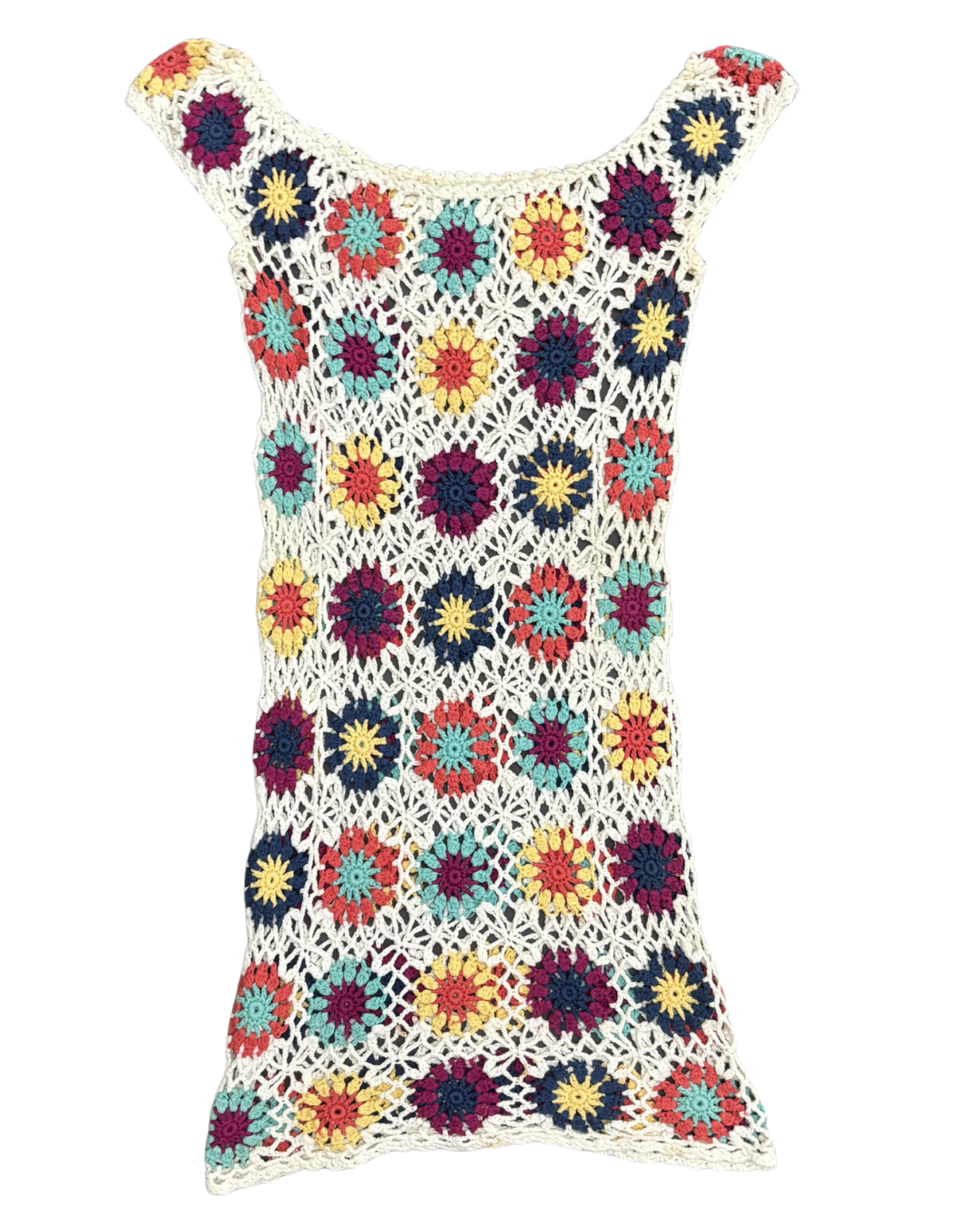 Handmade Retro Multicolor Floral Crochet Ivory Tank Dress - XS