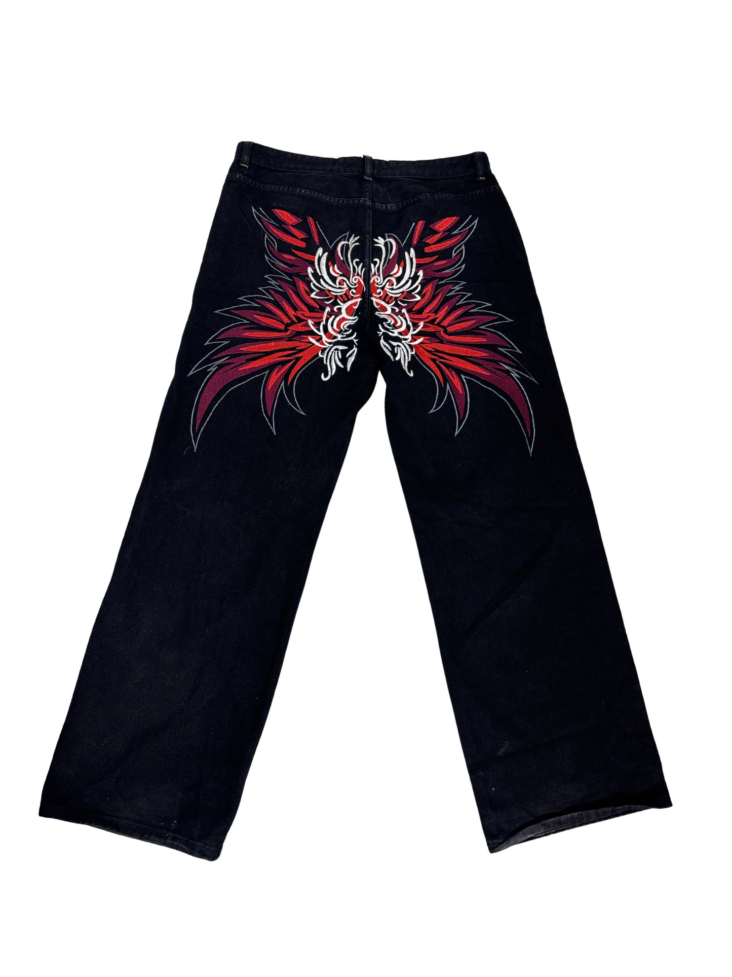 Y2K Wide-Leg Black Denim Jeans with Red Dragon Embroidery - L | Waist: 34"
