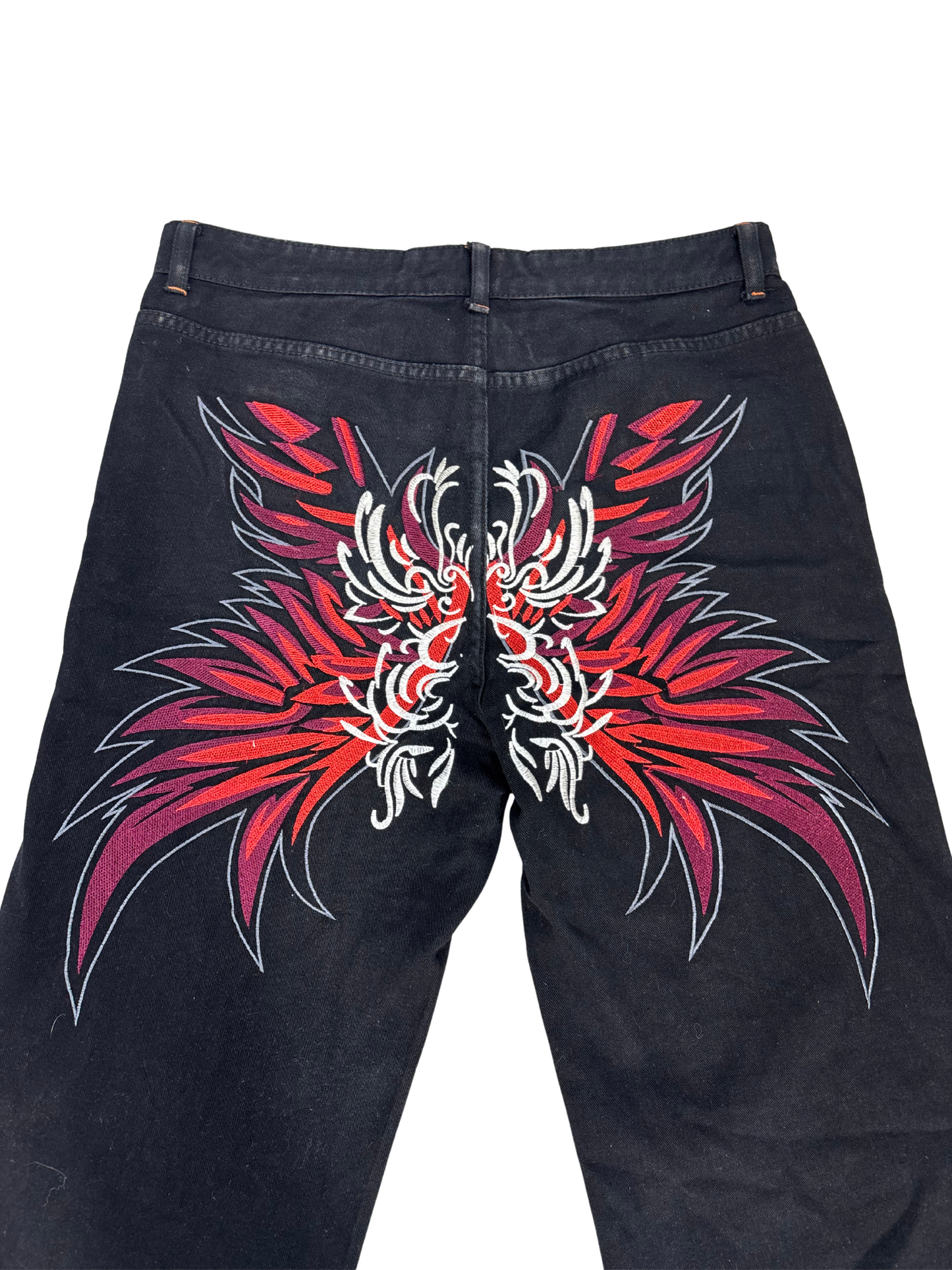 Y2K Wide-Leg Black Denim Jeans with Red Dragon Embroidery - L | Waist: 34"